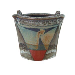 Vintage glazed art pottery envelope shaped vase -geometric pattern-Modernist-MCM